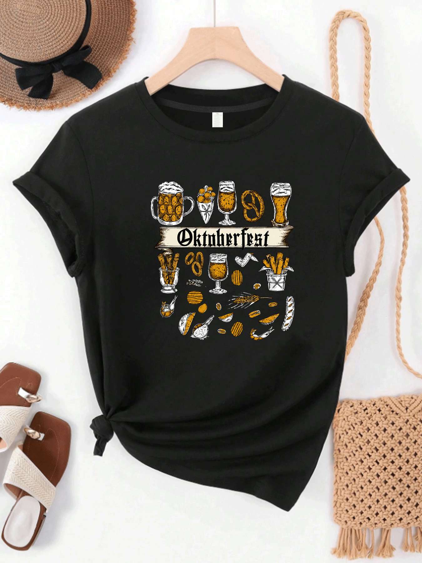 Wine Plus Beer - 【MYJ06261】เสื้อยืดผู้หญิงไซส์ใหญ่สำหรับเทศกาลเบียร์ คอลเลคชั่นลายชุดไวน์ คอกลม แขนสั้น สำหรับผู้หญิง